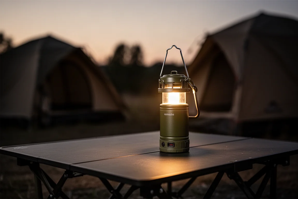 Robusto power bank con lanterna agganciata che emana luce calda su un tavolo da campeggio al tramonto
