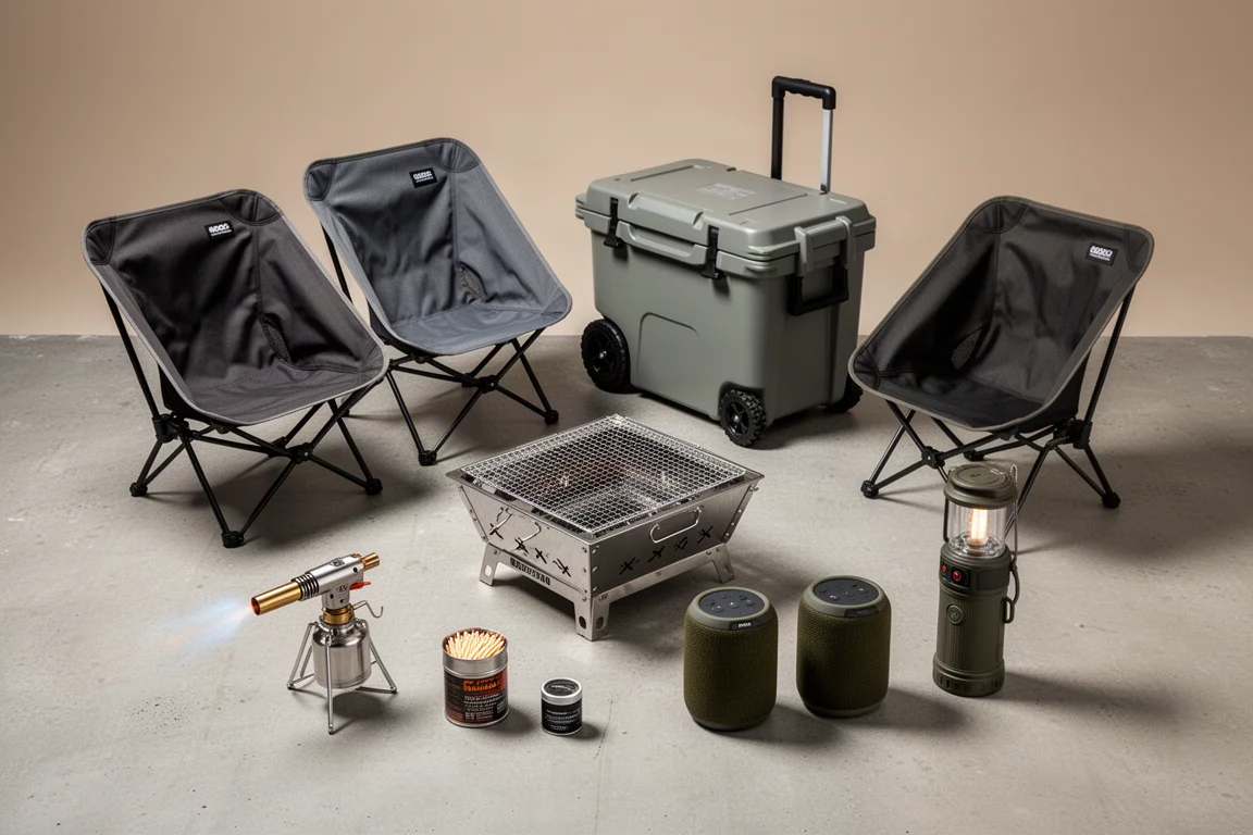 Flat lay of camping chairs, cooler, fire pit grill, torch, matches, speakers and power bank on concrete