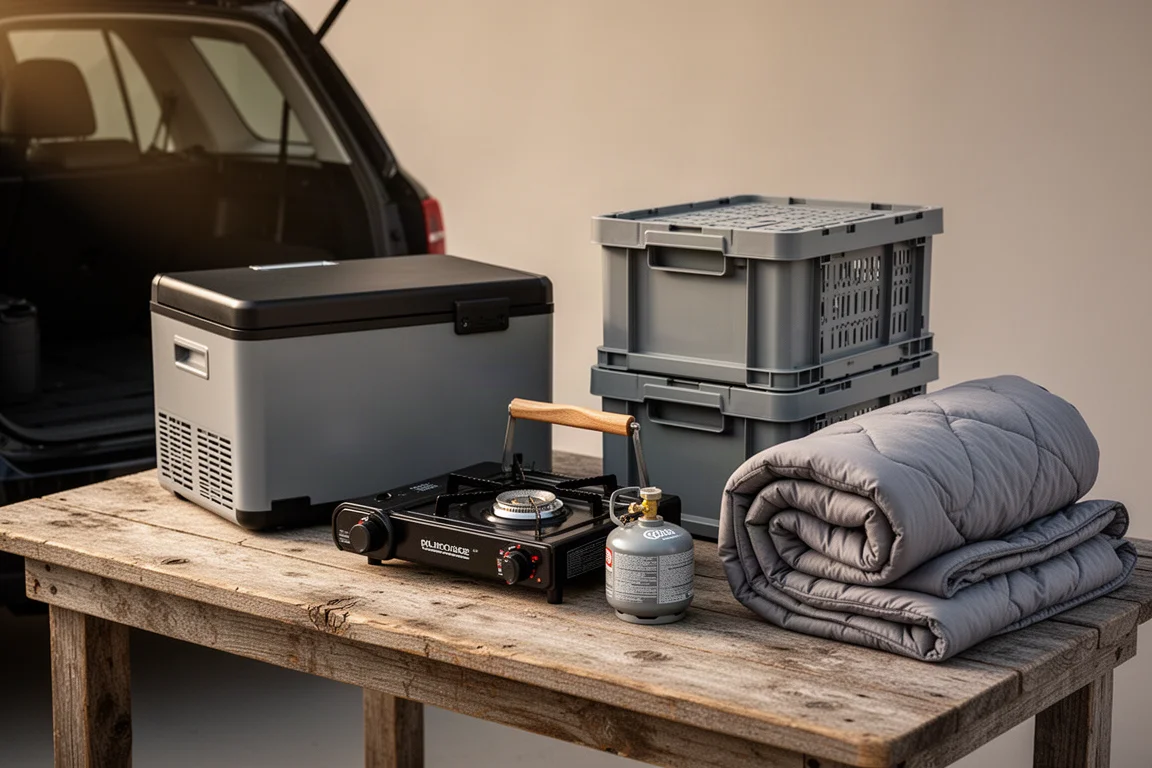 Car camping gear arranged beside an open tailgate including fridge, stove, crates and sleeping bag