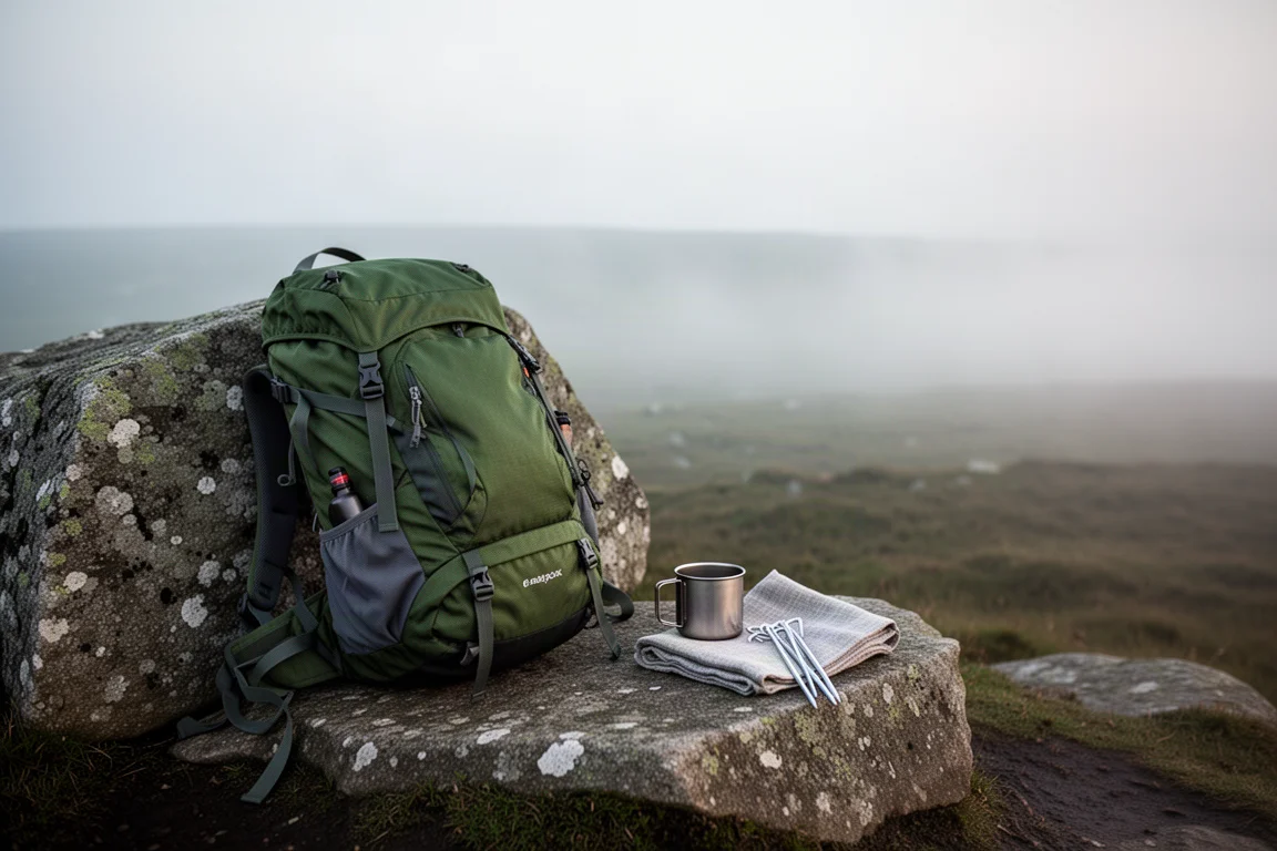 Mochila de trilha aberta com pequenos itens de camping dispostos sobre uma pedra plana ao amanhecer