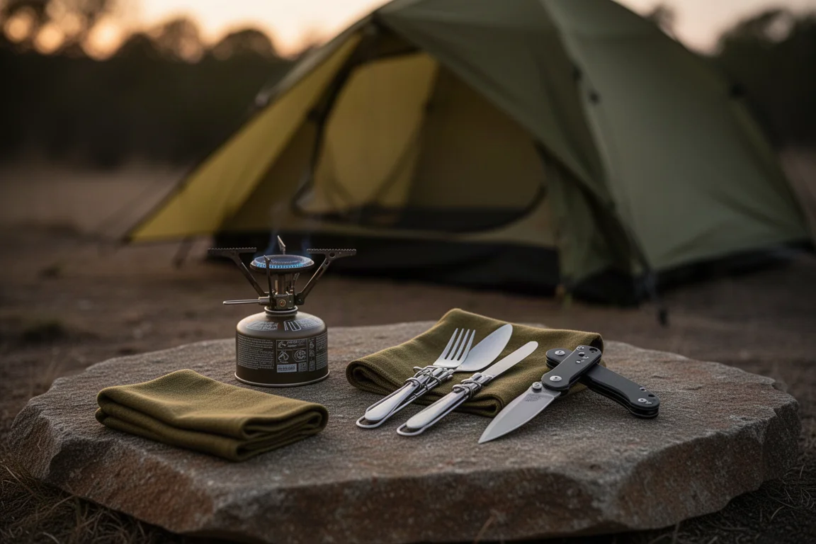 Kit de cozinha de camping organizado sobre uma pedra plana ao anoitecer com uma barraca ao fundo
