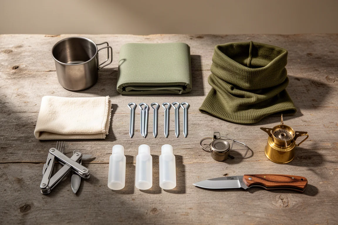 Flat lay of low-cost camping essentials including a mug, sit pad, cloth, pegs and burner