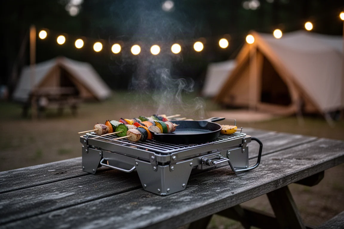Kompaktowy grill składany na płasko przygotowujący szaszłyki na stole piknikowym o zmierzchu