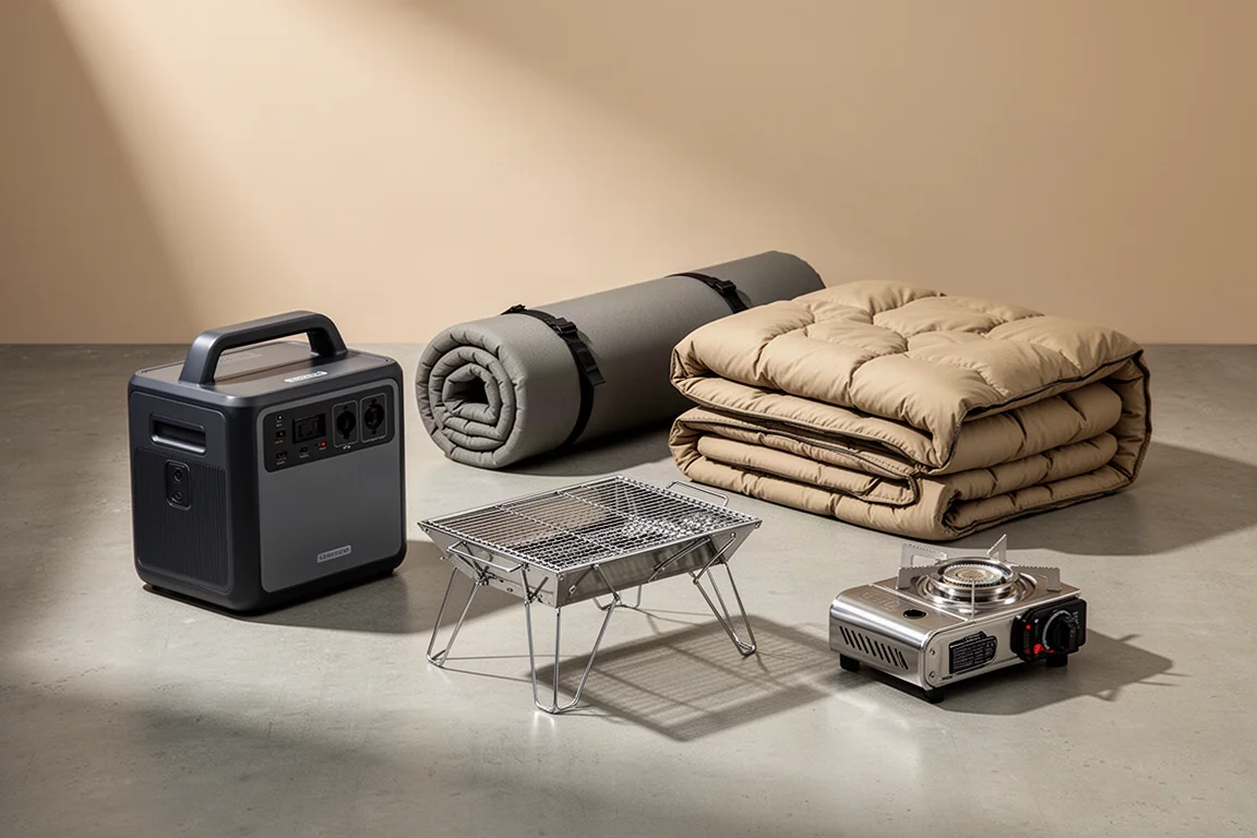 Assorted camping gear including a power station, foam bed roll, comforter and camp grill on concrete