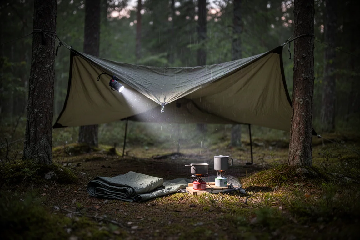Riparo con tarp basso montato in una foresta verde al crepuscolo sotto la pioggia