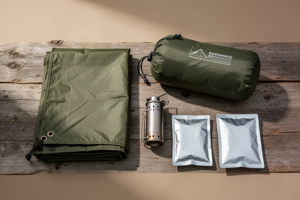 Flat-lay of a folded tarp, packed tent, titanium stove and two meal pouches