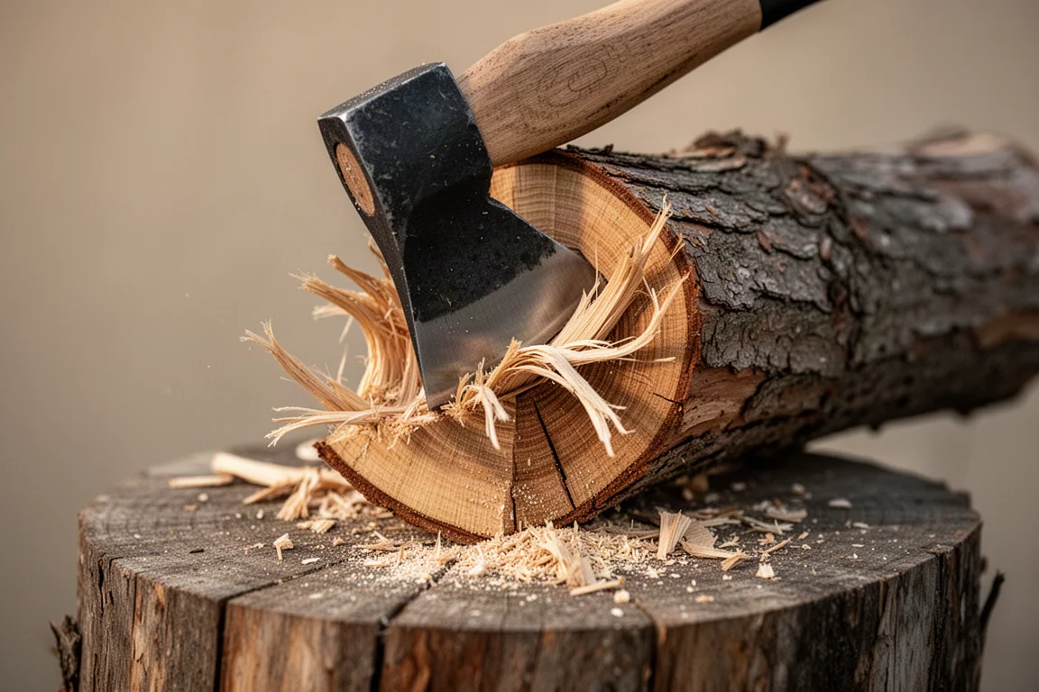 Close-up van een gespleten blok hout met een bijlblade in de nerf gewedgd