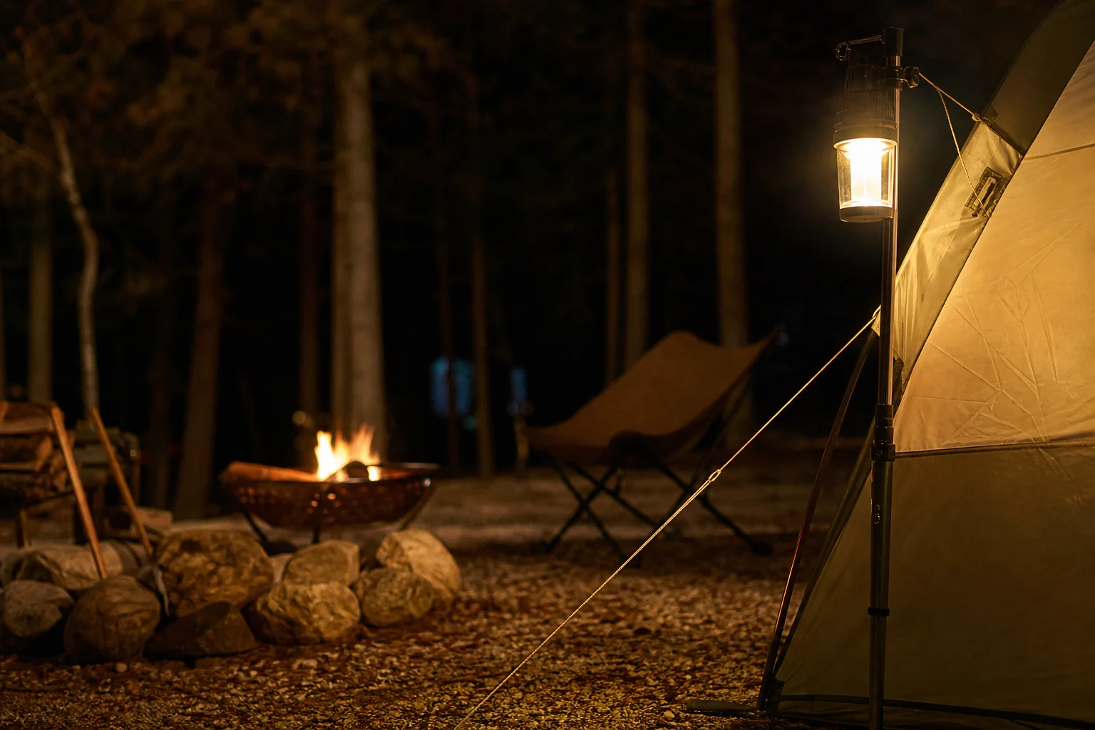Camping-Szene mit einer Laterne, die nachts an einer Zeltstange befestigt ist