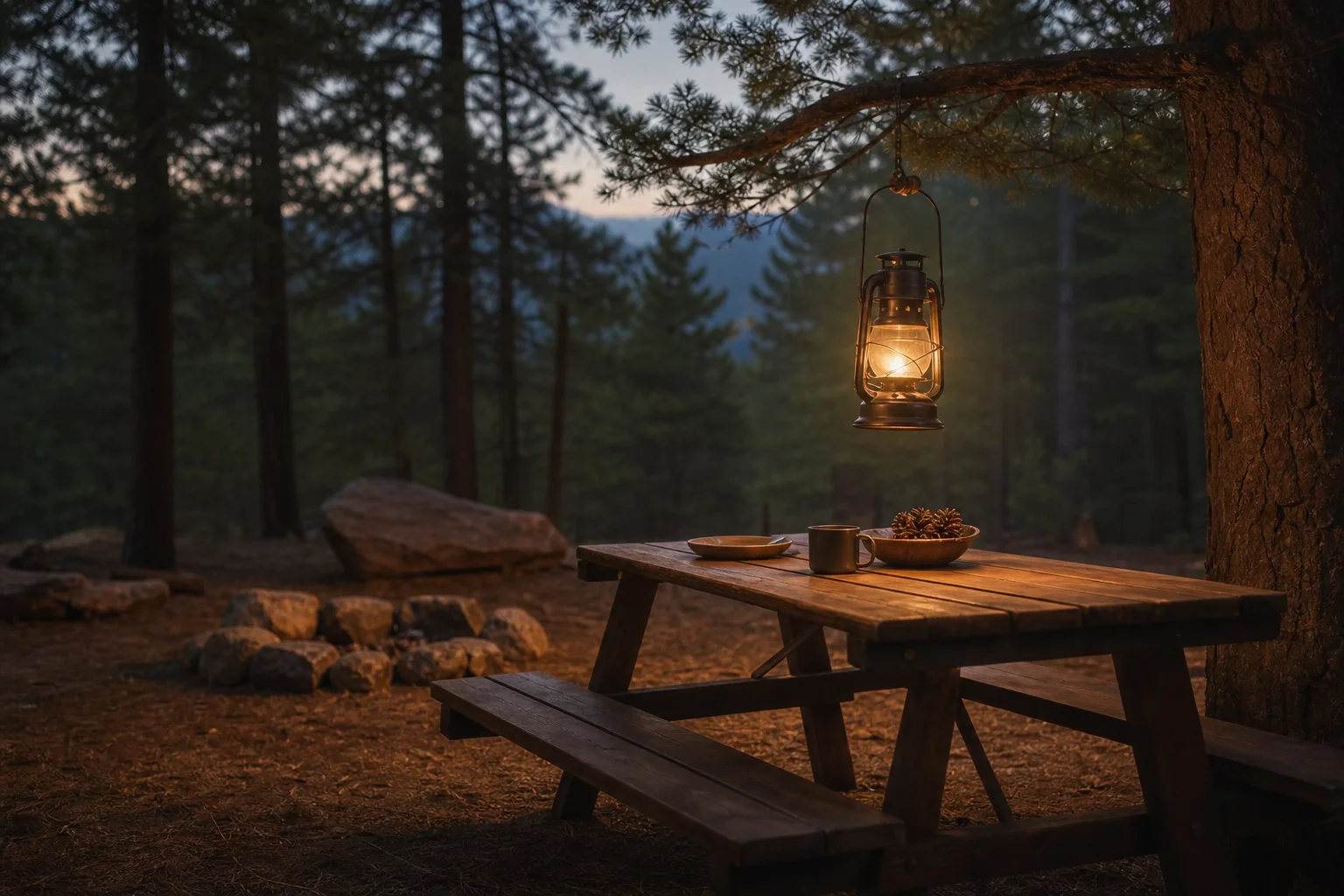 Campingplatz im Freien mit einer Laterne, die in der Dämmerung an einem Ast hängt