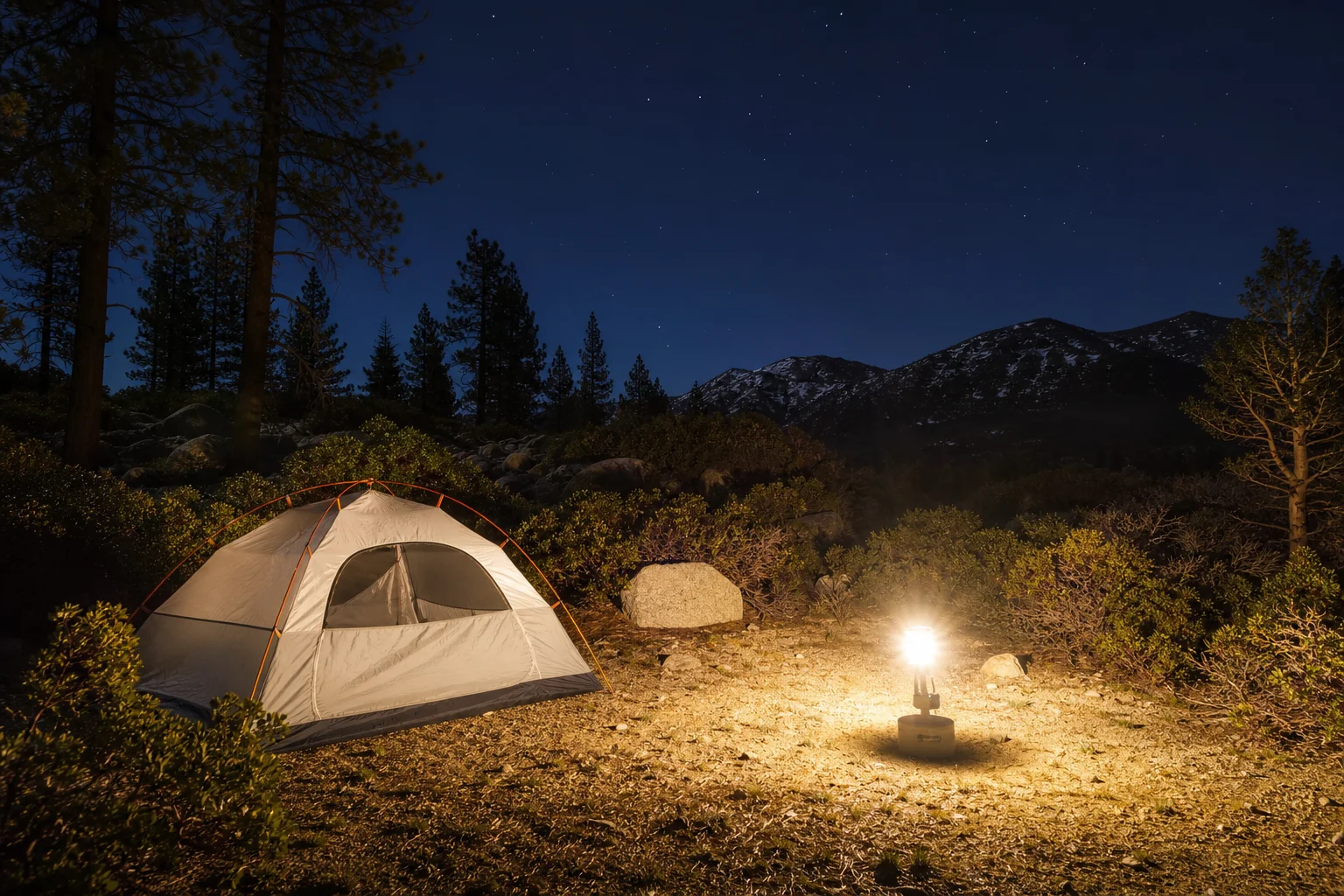 Campinglaterne, die nachts einen Außenbereich hell erleuchtet