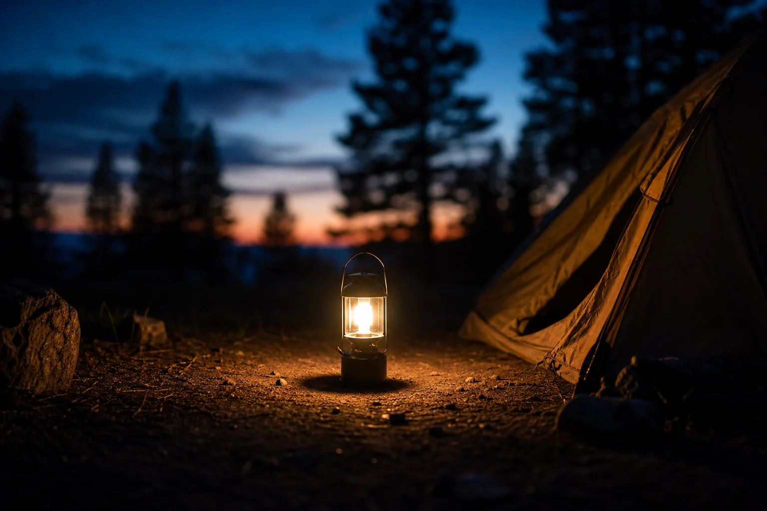 Linterna de camping iluminando un campamento oscuro con una luz ambiental cálida