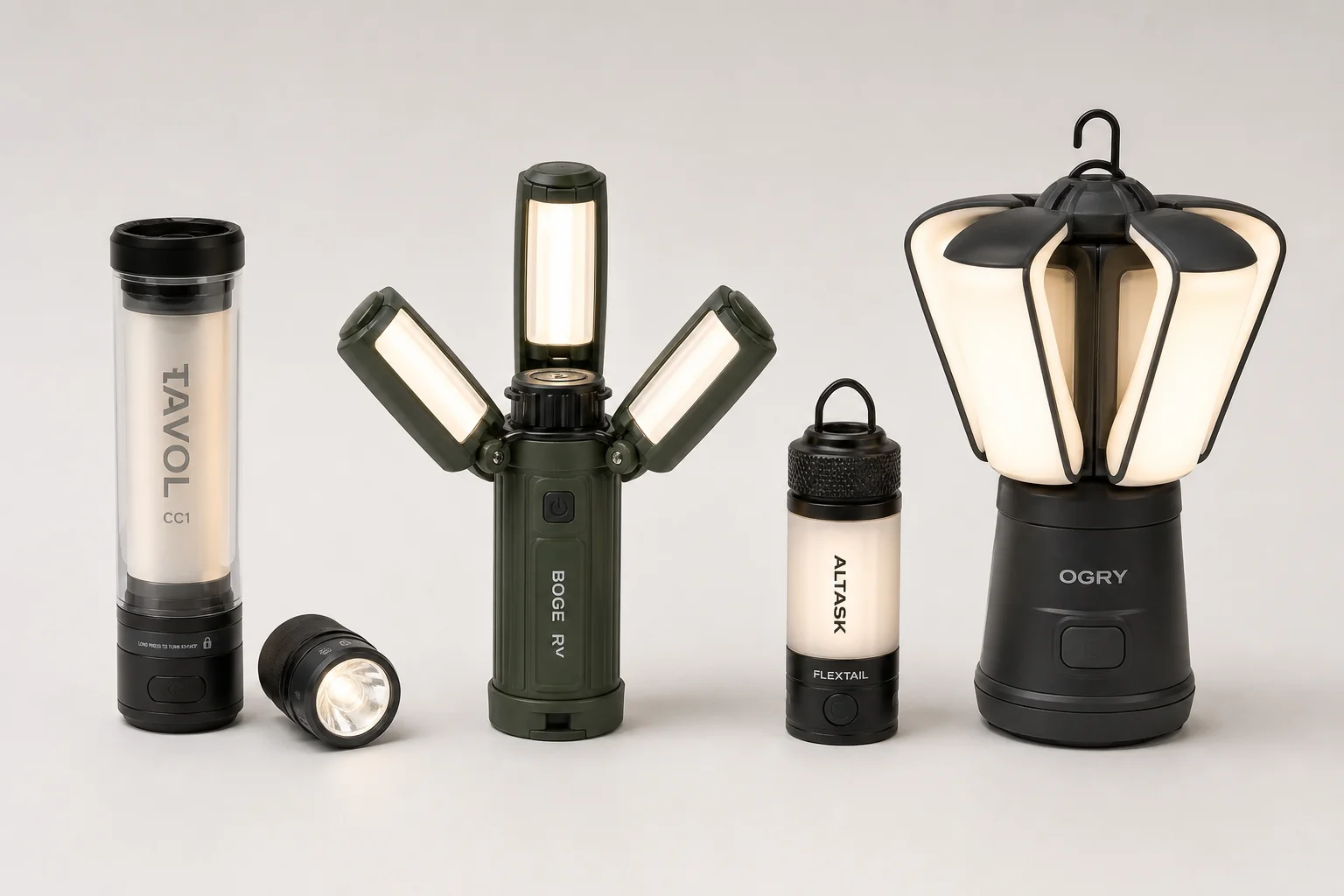 Four camping lanterns displayed side by side on neutral backdrop