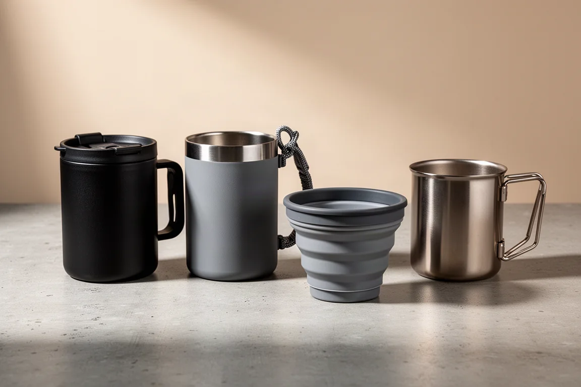 Four camping mugs, including insulated, collapsible and titanium models, on a concrete surface
