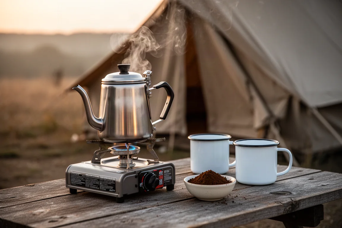 Stainless steel percolator steaming on a portable camp stove at dawn with a tent behind