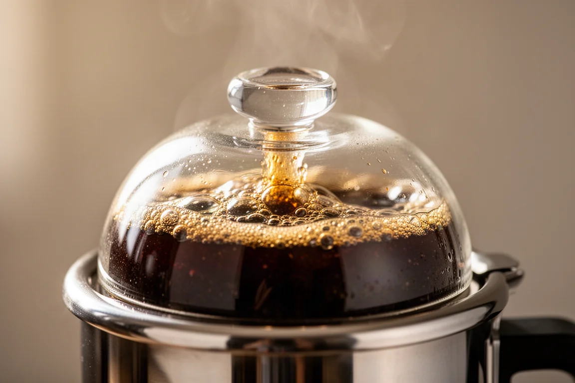 Close-up of dark coffee bubbling inside a glass perk knob on a percolator lid