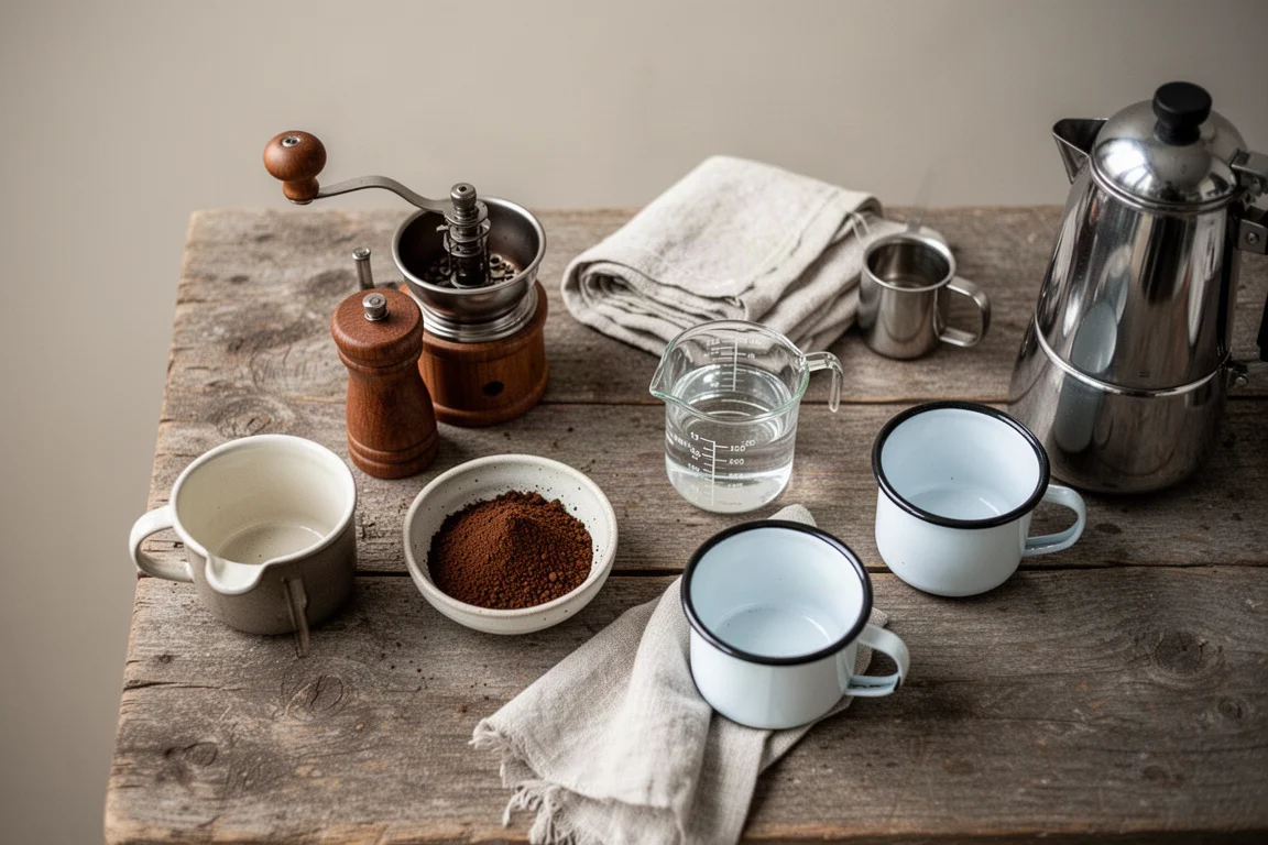 Overhead flat-lay of a camp coffee kit with grinder, grounds, measuring cup and mugs