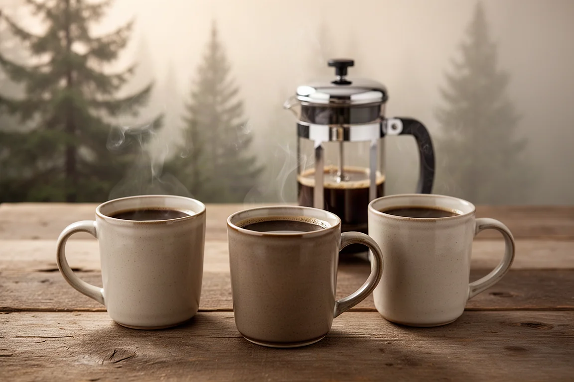 Three mugs of black coffee steaming on a rustic table with pine trees behind