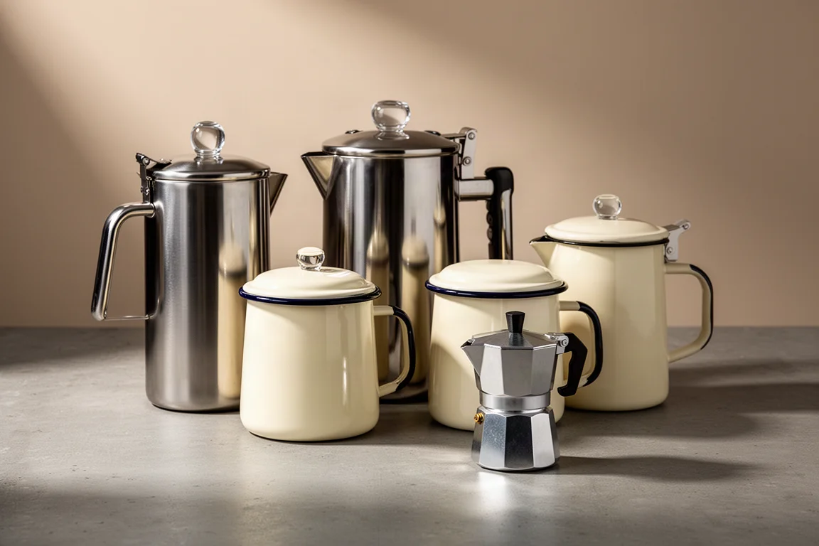 Group of stovetop coffee percolators arranged on a matte concrete surface in studio light