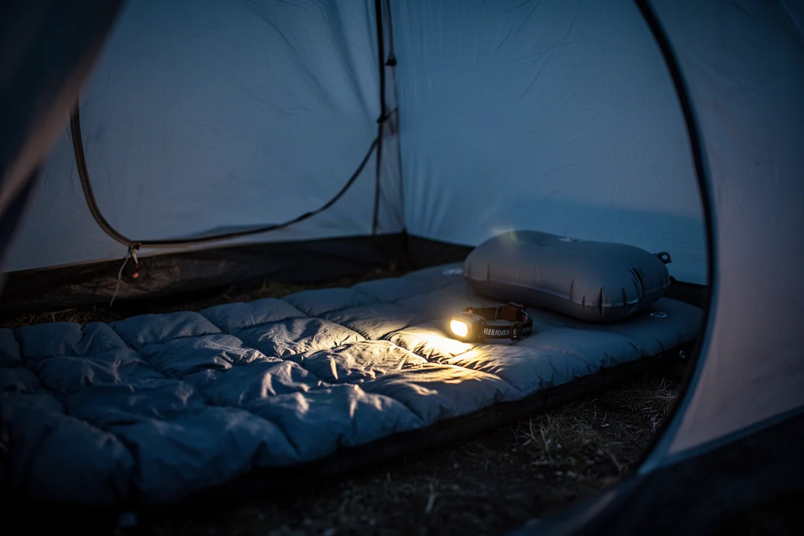Tentinterieur bij nacht met slaapmat, quilt en opblaasbaar kussen verlicht door een hoofdlamp