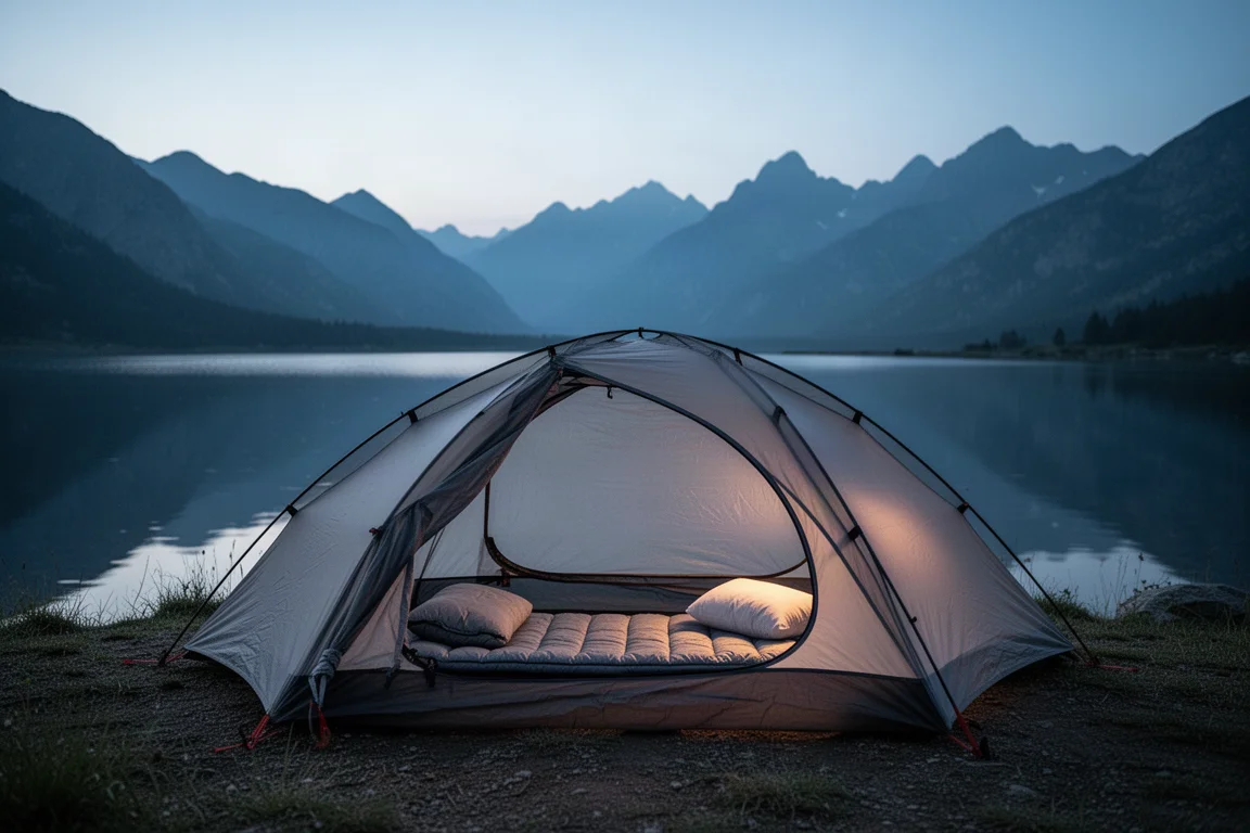 Ultralight kampeerplek in de schemering naast een bergmeer met een open tent en slaapopstelling