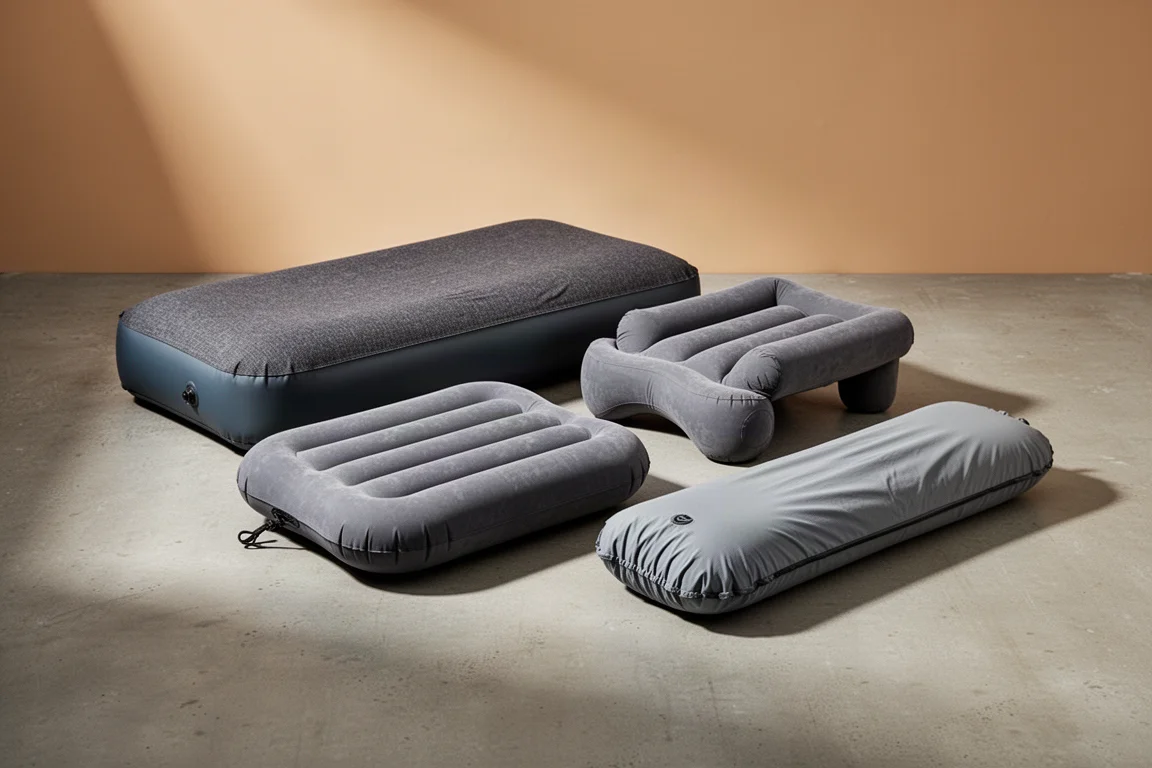 Group of inflatable camping pillows of different shapes on a concrete surface