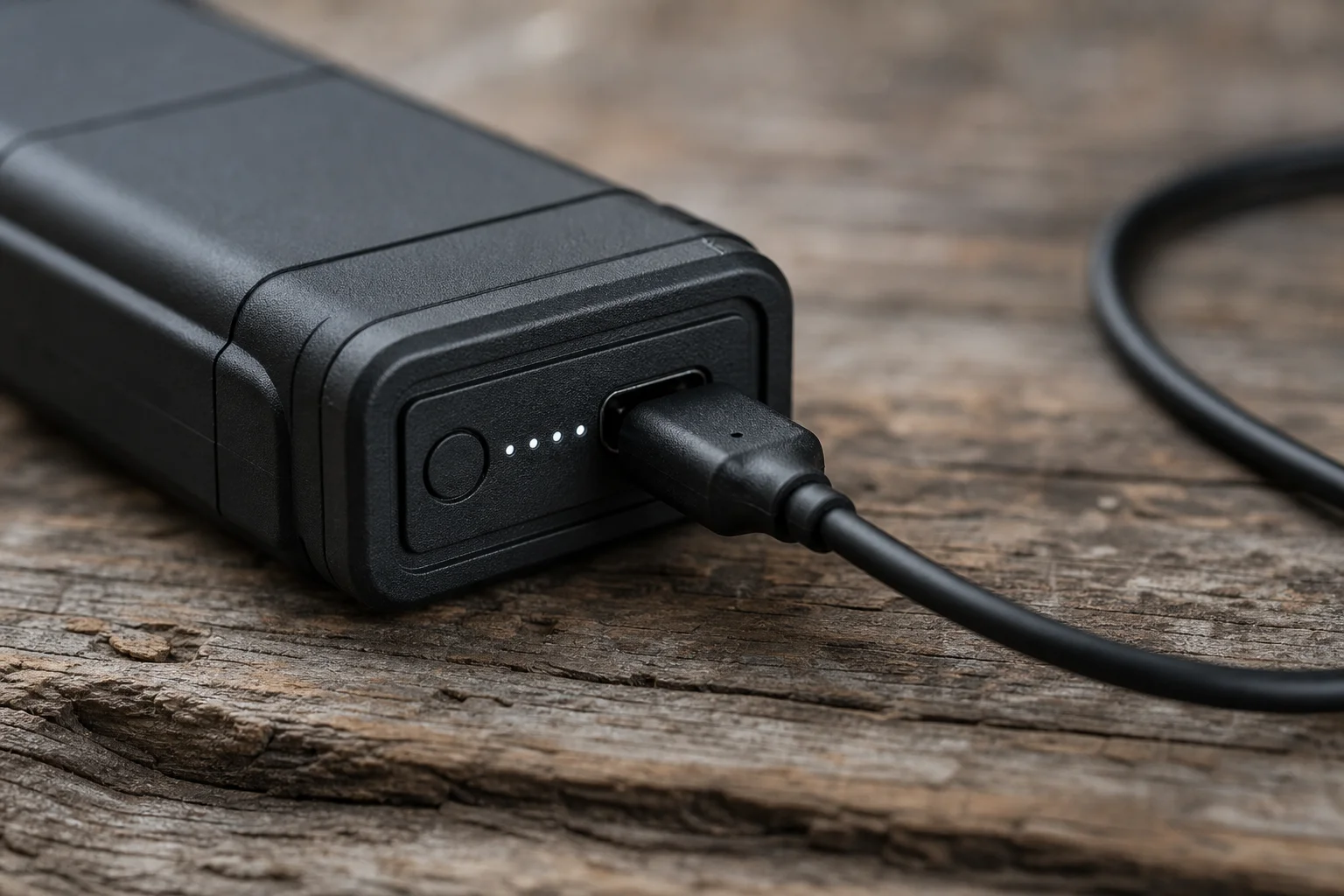USB充電ケーブルが接続された充電式バッテリーパックのクローズアップ