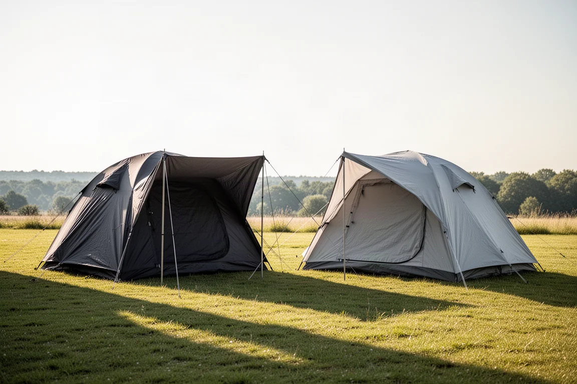 Zwei Zelte nebeneinander auf einem sonnigen Campingplatz, eines mit dunklem Blackout-Stoff
