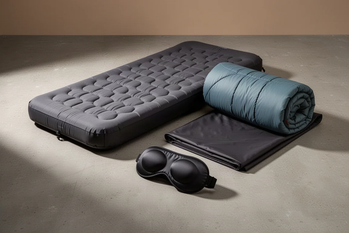 Camping sleep gear including a sleeping pad, sleeping bag, dark tent fabric, and sleep mask on concrete
