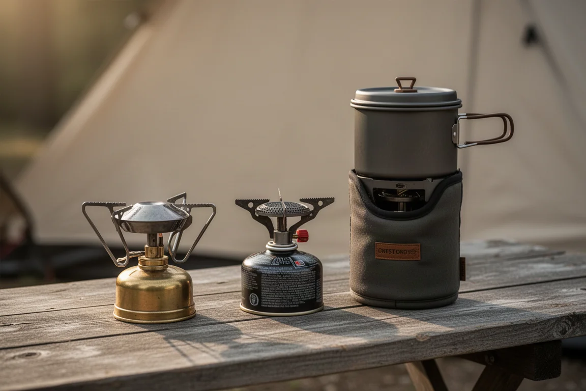 Assorted camping stoves and a folded pot support arranged on a wooden campsite table