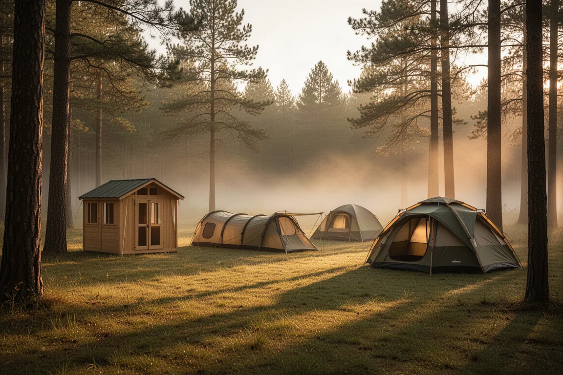 Several camping tents pitched in a forest clearing at golden hour