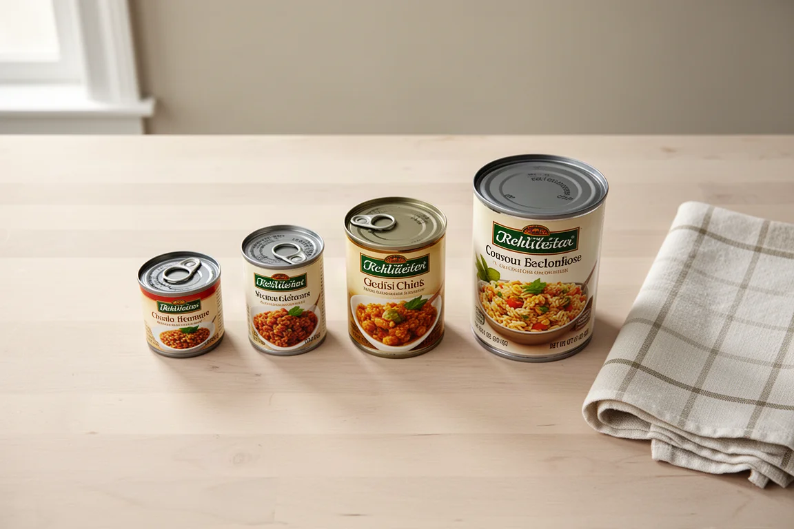 Several cans of tomato paste and tomatoes arranged on a kitchen counter for testing