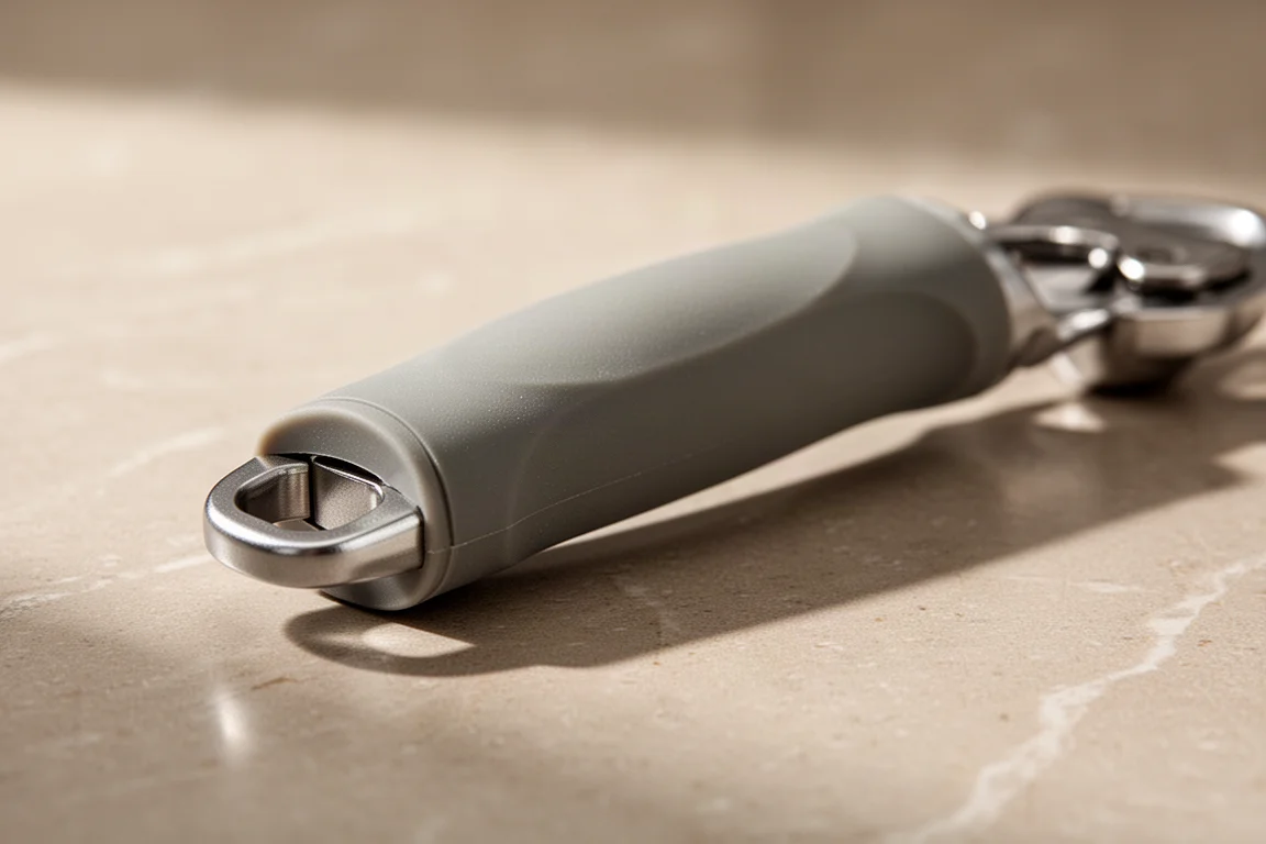 Comfortable soft grip handles of a can opener held against a neutral background