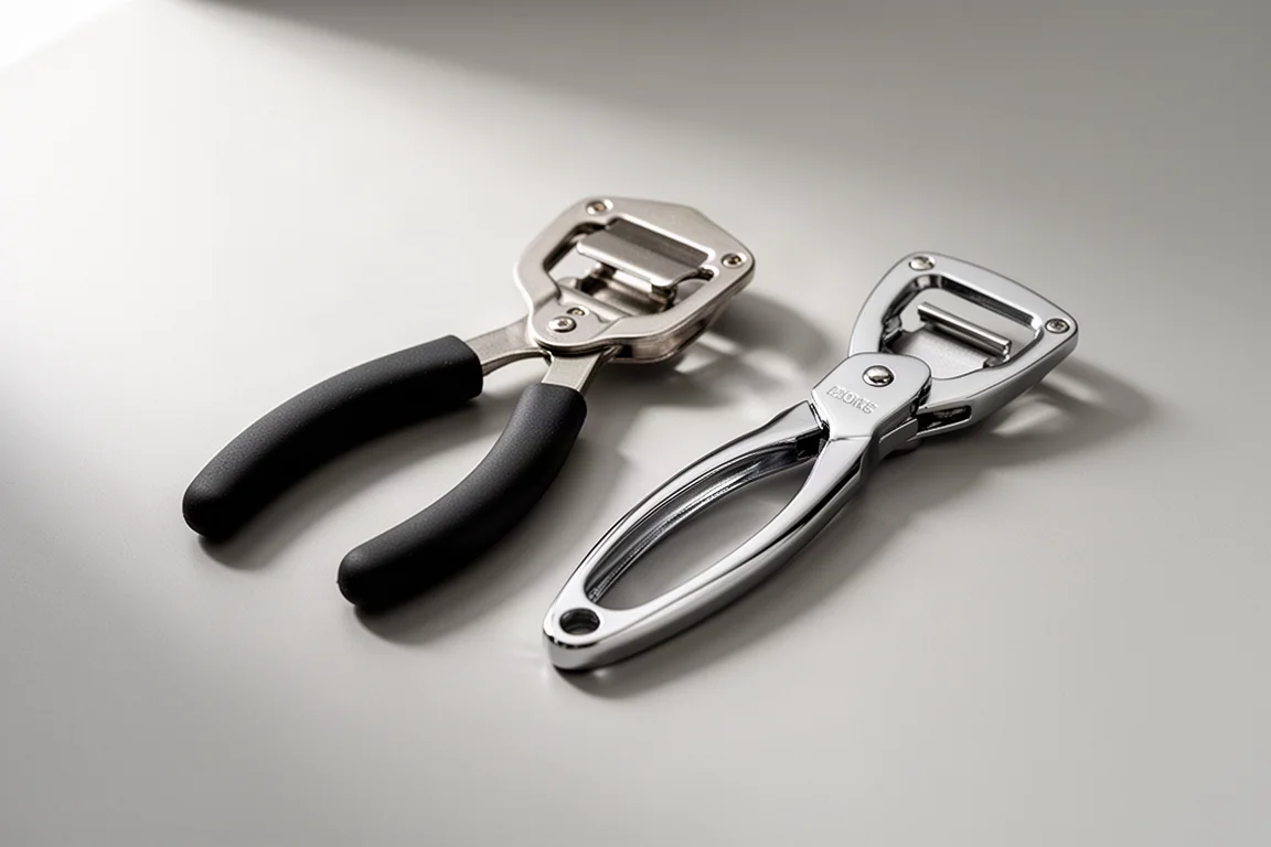 Two manual can openers side by side on a light grey surface