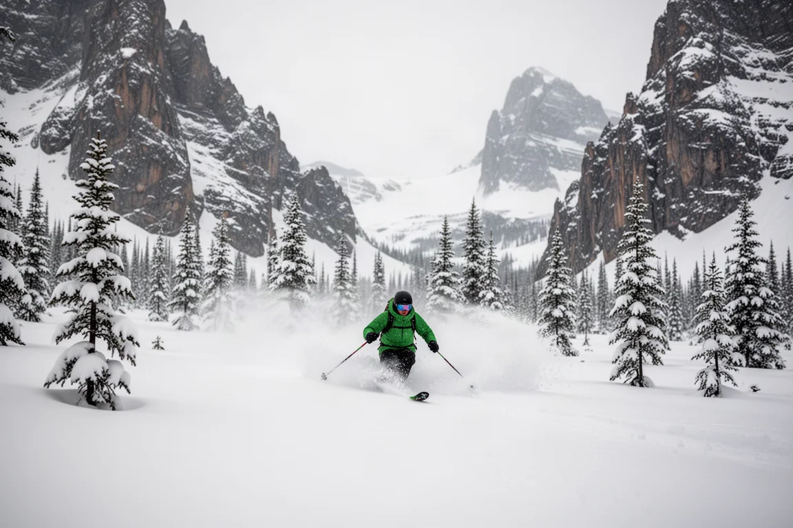 Esquiador descendiendo por un bosque de nieve polvo empinado en la Powder Highway