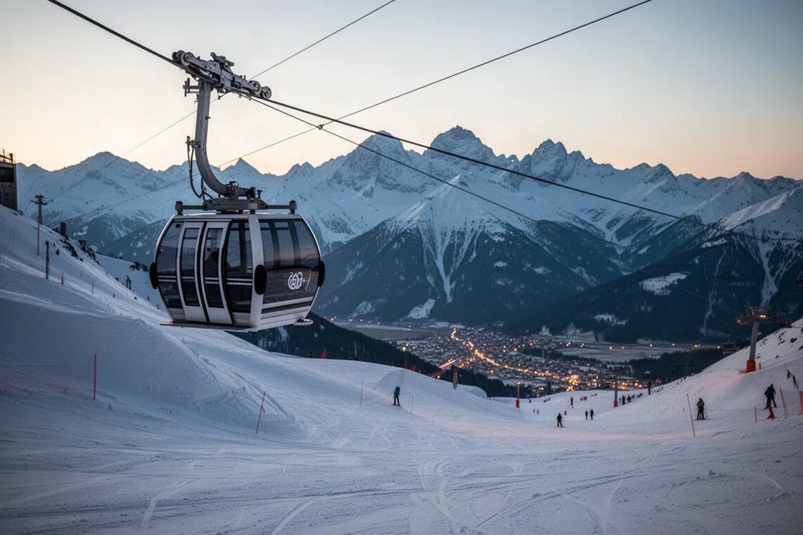 Cabina de teleférico cruzando entre picos cubiertos de nieve al atardecer