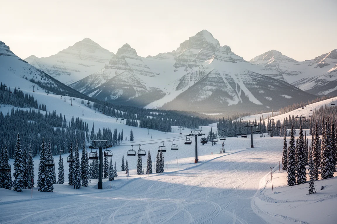 Panoramic view of a Canadian Rockies ski resort with groomed slopes and chairlifts