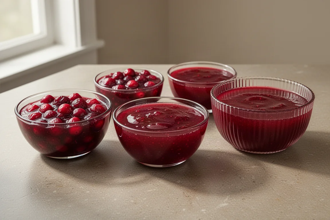 Four bowls of cranberry sauce, two whole berry and two jellied, lined up on a stone countertop