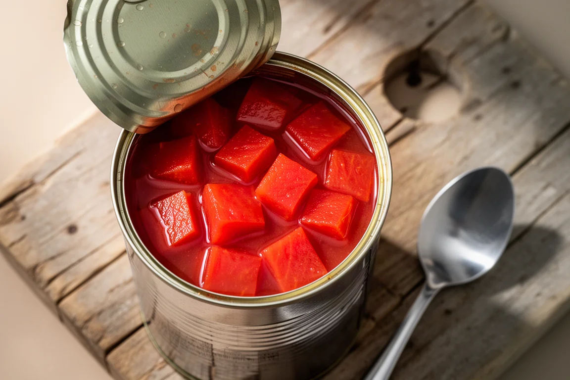 Open can of diced tomatoes in bright red juice beside a wooden spoon