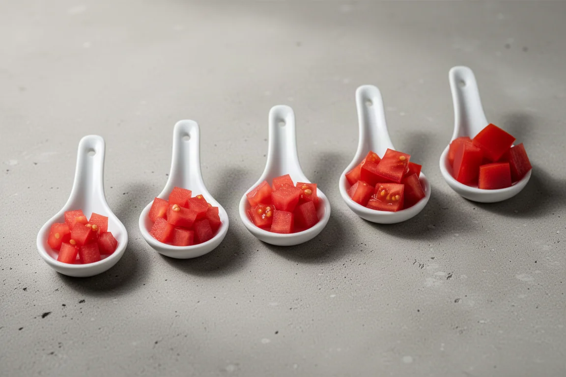 Tasting spoons lined up with samples of diced tomatoes on a counter