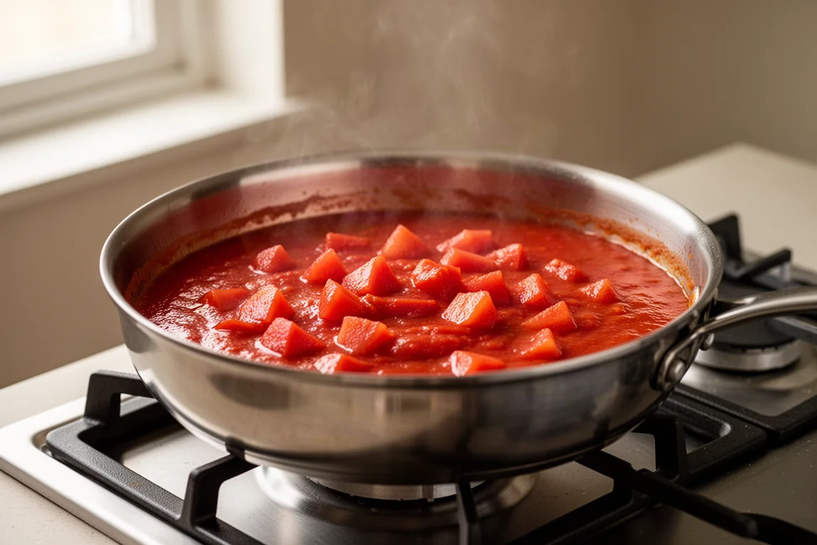 Simmering tomato sauce in a pan on a stovetop