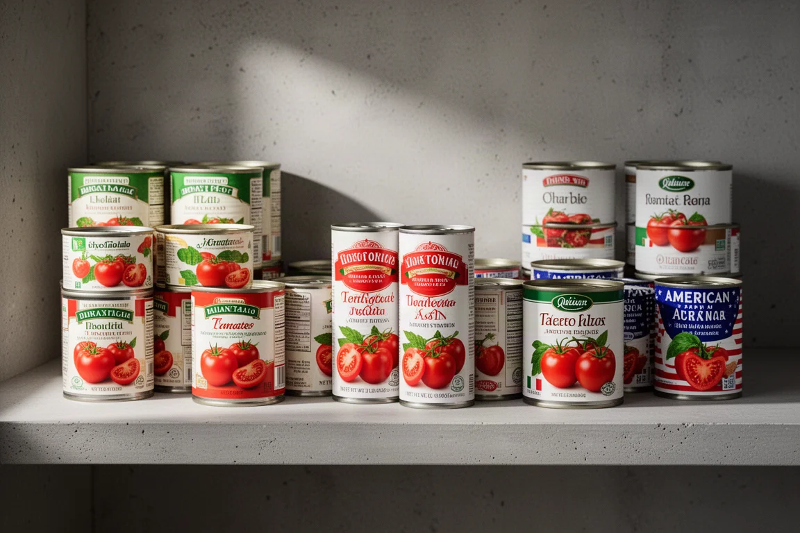 Italian and American canned tomato cans grouped on a pantry shelf