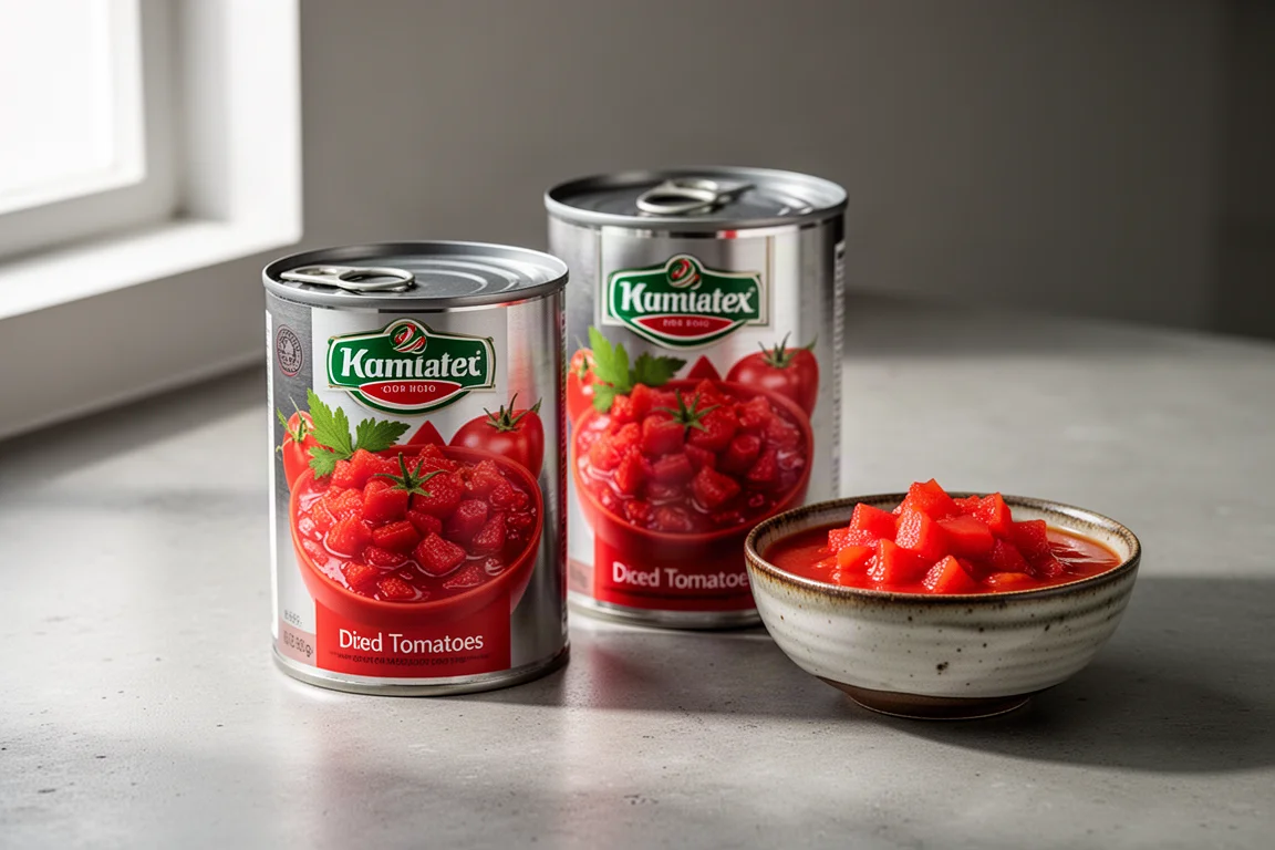 Two cans of diced tomatoes and a bowl of diced tomatoes on a concrete counter