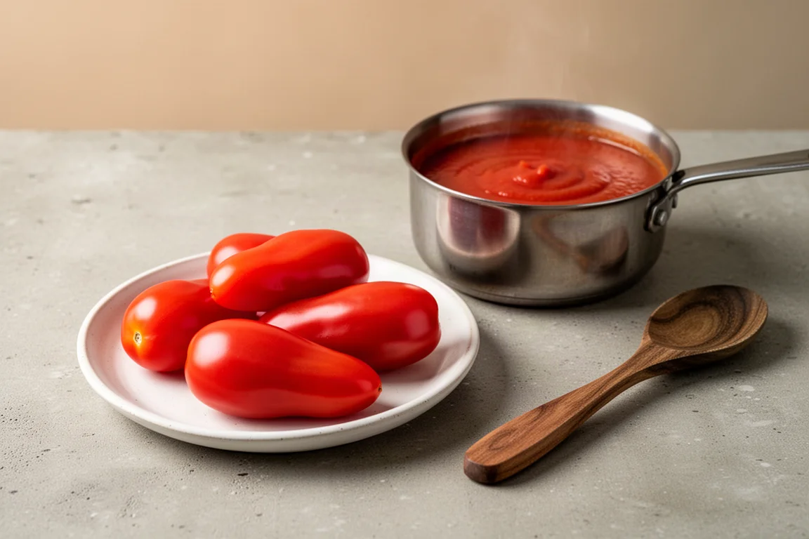 Ganze geschälte San-Marzano-Tomaten auf einem Keramikteller neben einem kleinen Topf Tomatensauce