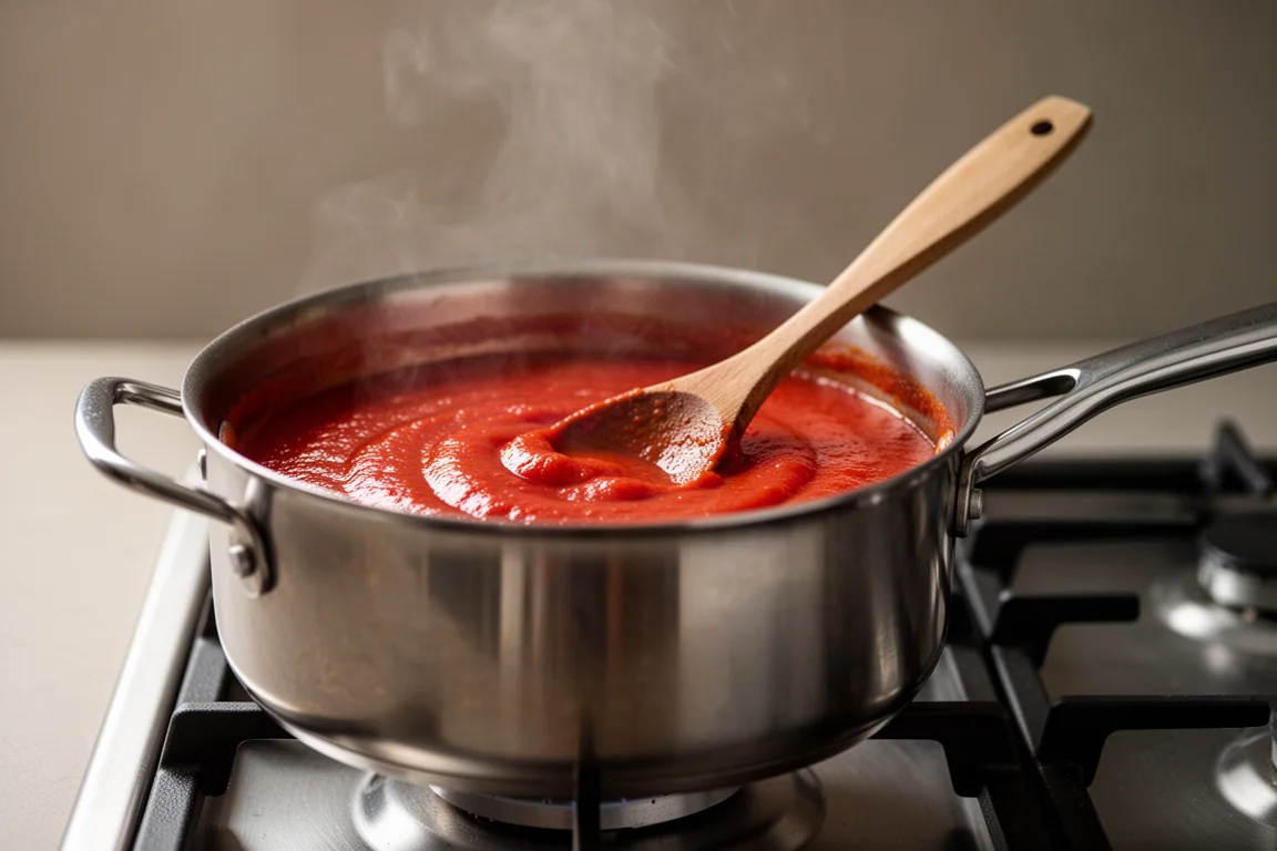 Köchelnde Tomatensauce in einem schweren Kochtopf mit hölzernem Löffel