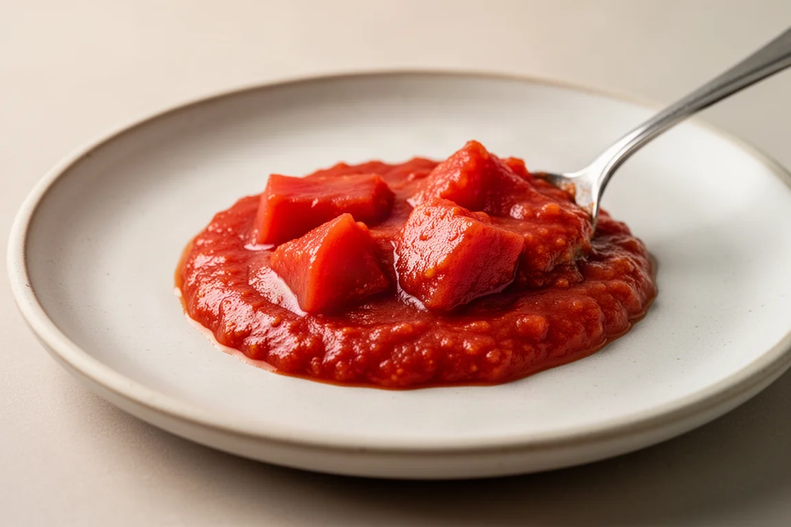 Stückige Tomatensauce auf einem Teller mit festen Tomatenstücken