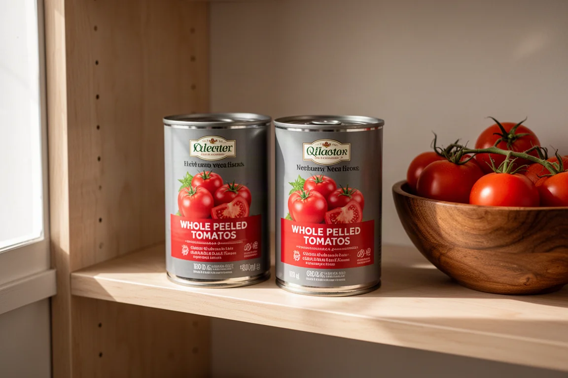 Zwei Tomatendosen nebeneinander im Vorratsregal bei sanftem Tageslicht