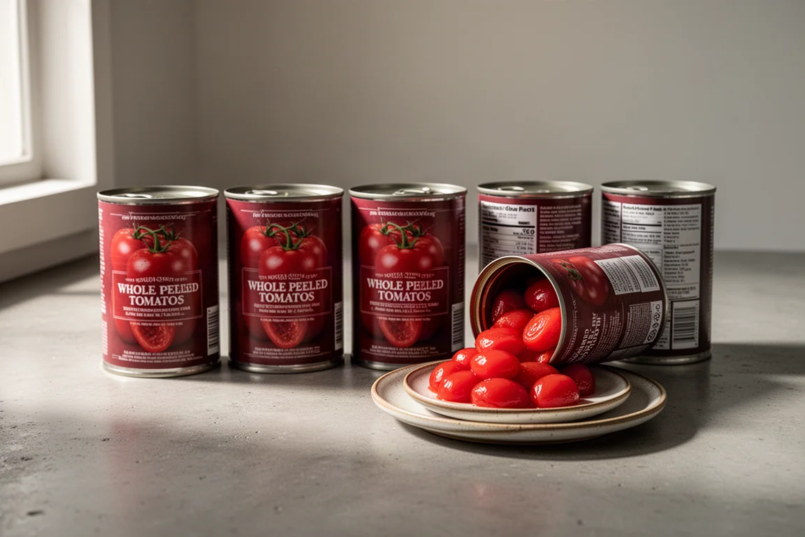 Four cans of whole peeled tomatoes on a concrete counter, one open with red tomatoes on a plate