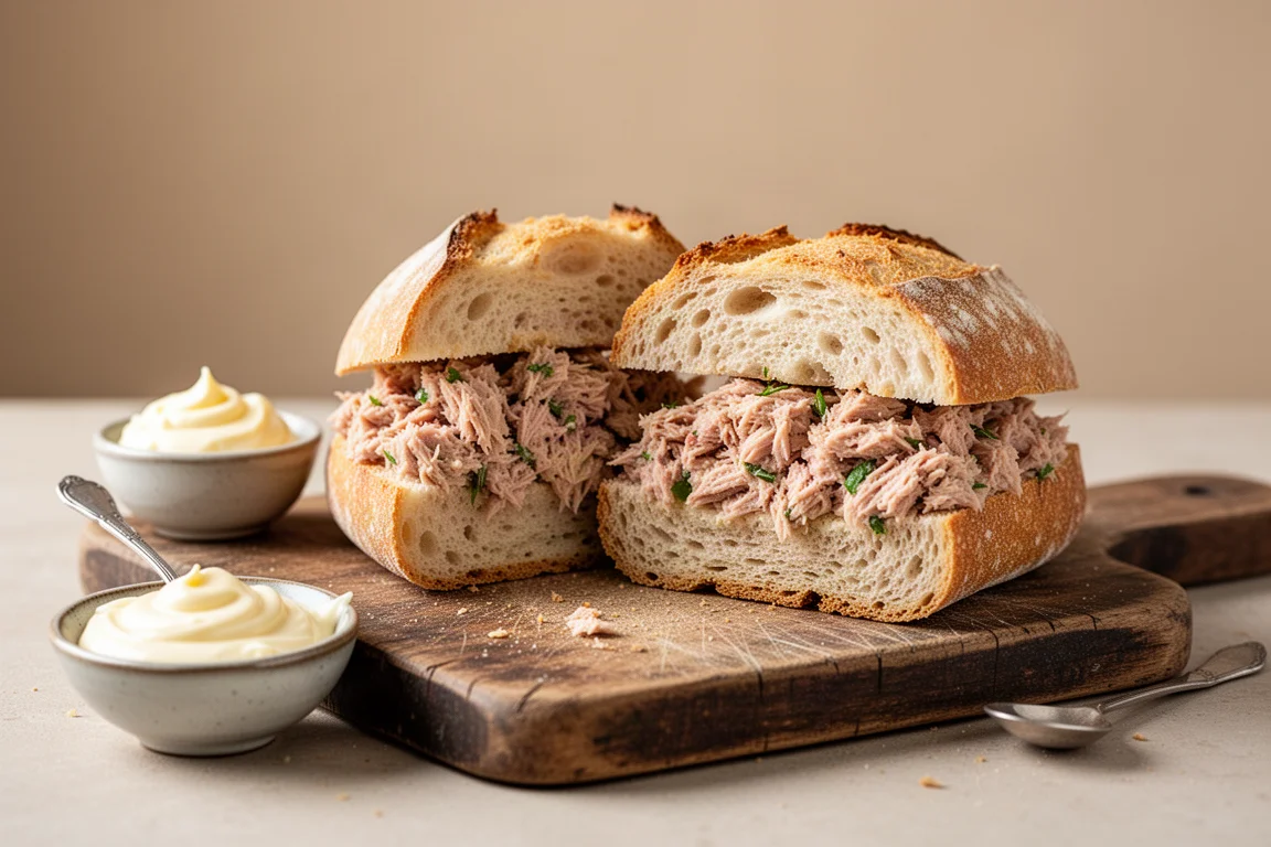 Thunfischsalat-Sandwich wird auf einem Holzbrett zubereitet