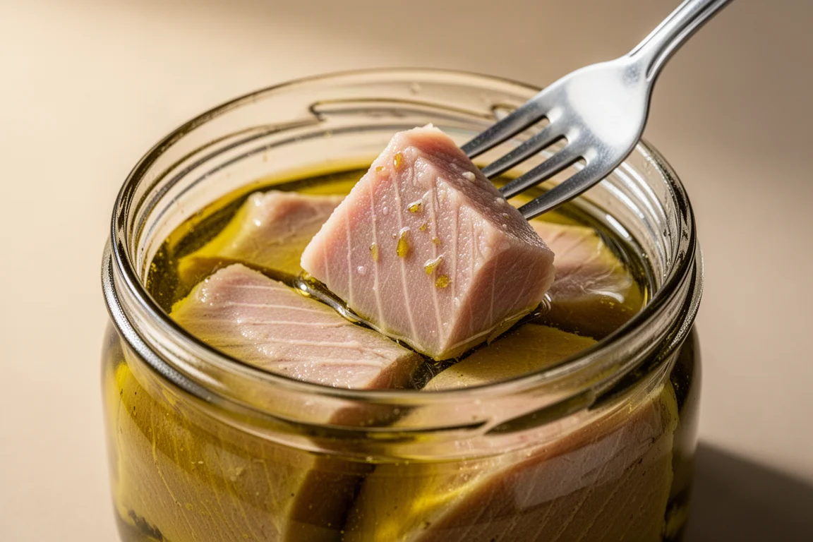 Thunfischfilets in goldenem Olivenöl in einem Glasgefäß