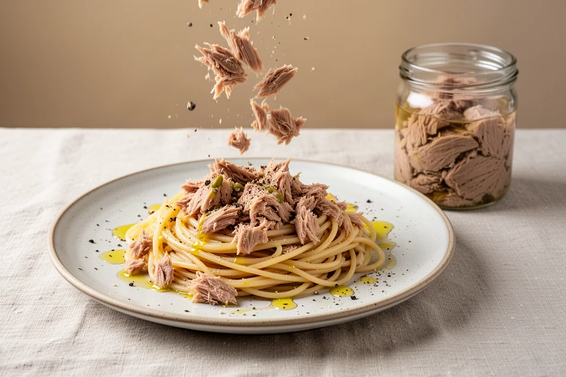 Teller mit Pasta, zerkleinertem Thunfisch und Olivenöl, fertig zubereitet